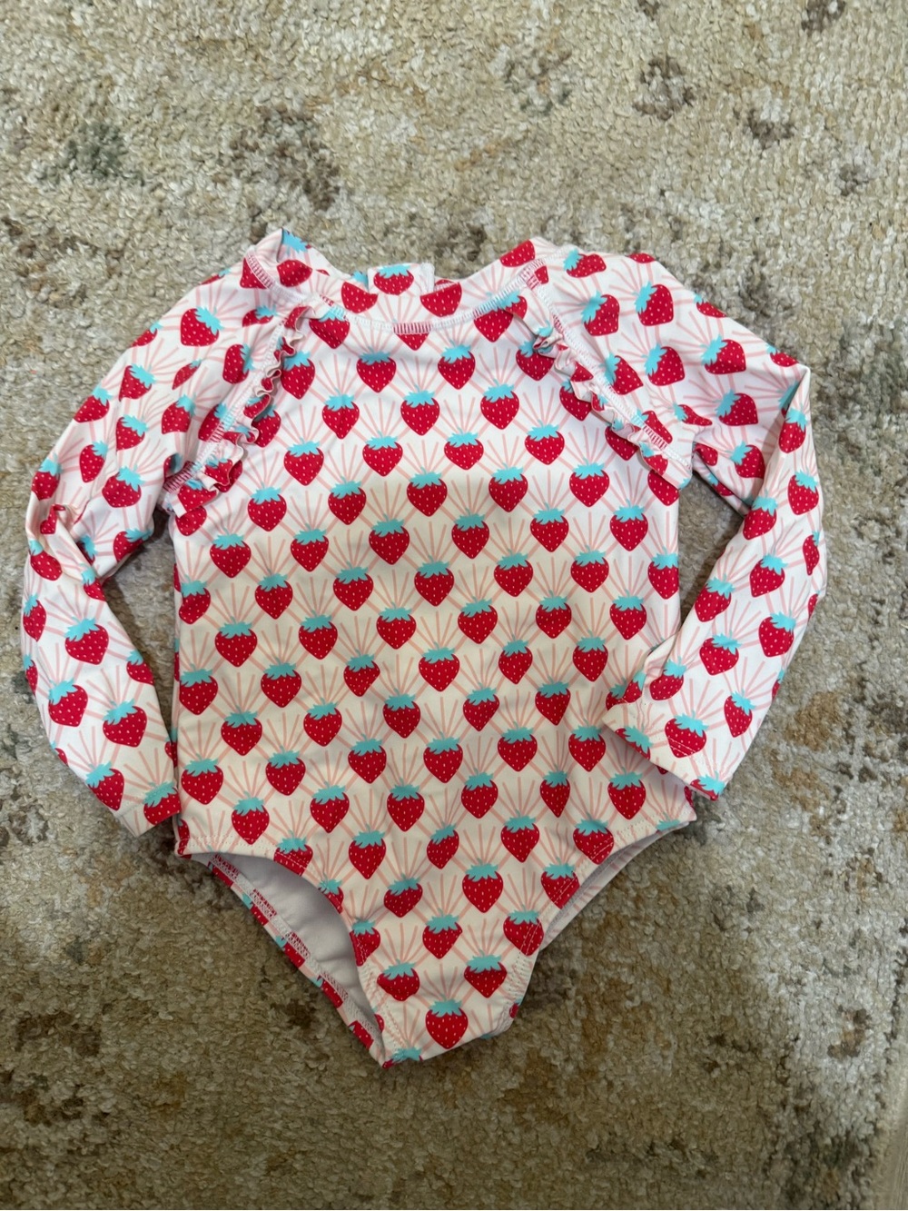 Starting Out Strawberry-Print Long Sleeve One-Piece - White, Red, Aqua